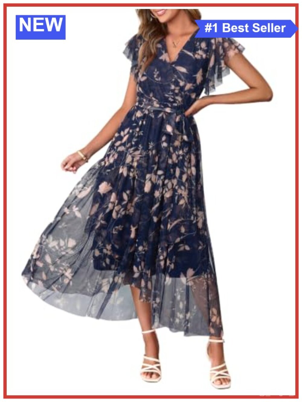 Simplee Womens Floral Maxi Dress Short Sleeve V Neck Belted Mesh Hem